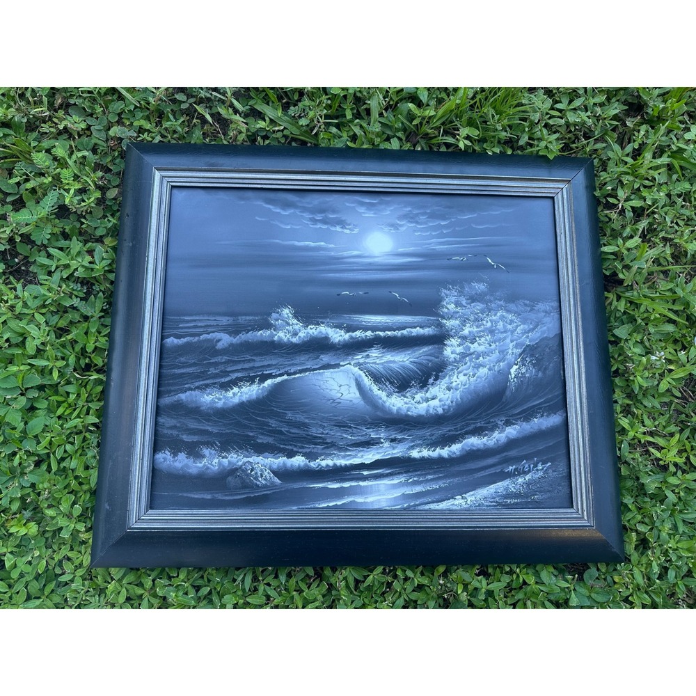 Moonlit Seascape Oil Painting Signed 2 Framed Ocean Waves Blue White 28/20